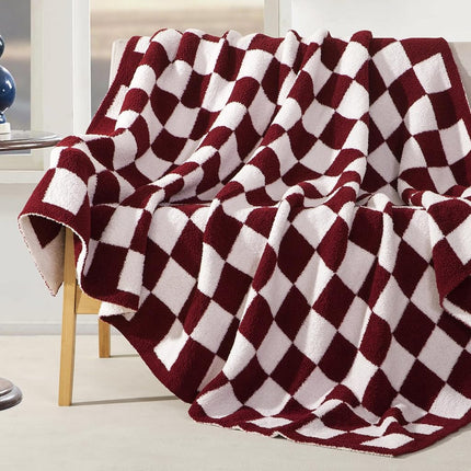 Elegant Comfort Checkered Throw Blanket, Burgundy Super Soft Cozy Fluffy Warm Throw Blankets for Couch, Sofa, Chair, Bed, Camping, Picnic, Travel Lightweight Bed Blanket (50" x 70")
