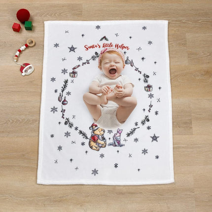 Disney Winnie the Pooh and Piglet White, Red, and Green Christmas Holiday Wreath "Santa's Little Helper" Photo Op Super Soft Baby Blanket