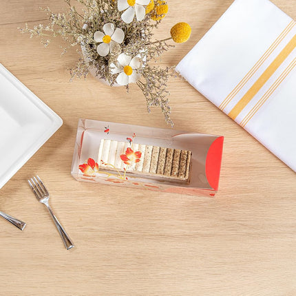 Restaurantware-7 Inch x 2.5 Inch Clear Dessert Boxes, 100 Red Paper Sleeve Transparent Candy Boxes - Bird Accent, No Grease Lining, Clear Plastic Clear Favor Boxes, Crack Resistant, Disposable