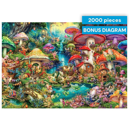 Buffalo Games - Aimee Stewart - Merry Mushroom Village Picnic - Rompecabezas de 2000 piezas para adultos, rompecabezas desafiante perfecto para noches de juegos - El tamaño final es 97,79 x 67,31 cm