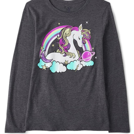 Camisetas gráficas de manga larga de unicornio para niñas de The Children's Place, Unicornio Arcoíris, Talla Extra Grande