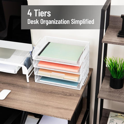 Mind Reader Stackable Paper Tray, Desktop Organizer, File Storage, Office, Metal Mesh, 14" L x 9.75" W x 11.25" H, 4 Pcs., White