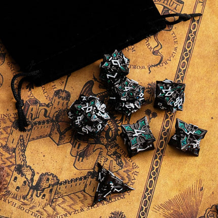 Metal Dice for DND - Spire Sanctum Series (Black Matte Green Glitter)