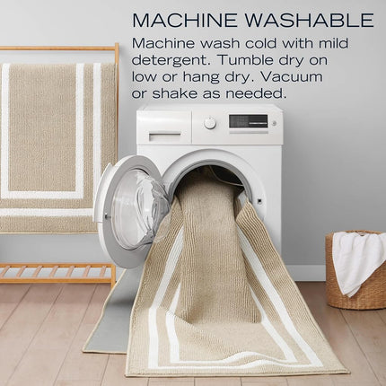Nautica – Runner Rug | Indoor Runners for Hallways and Entry Rugs| Non-Slip and Non-Skid Entry and Kitchen Door Mat| Machine Washable Entryway Carpet Rugs |2'2" x 6'| Double Border Beige