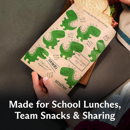 Stasher Recyclable Sealable Paper Sandwich Bags for Kids, 50 ct, Dino