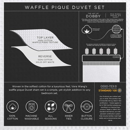 Vera Wang - Queen Duvet Cover Set, Luxury Cotton Bedding with Button Closure, Includes Matching Shams (Waffle Pique White, Queen)