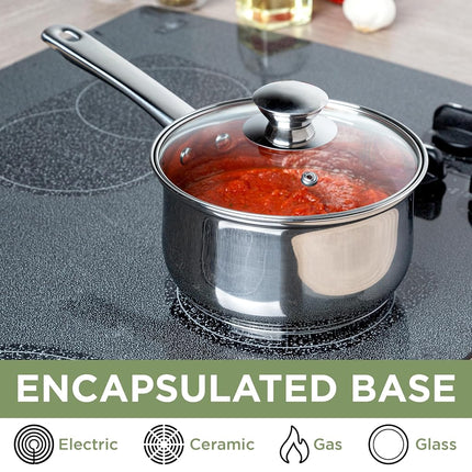 Ecolution Pure Intentions Saucepan – Features Tempered Glass Lid, Stay-Cool Knob and Handle, and Encapsulated Bottom – Oven Safe – Curbside Recyclable Stainless Steel – 2 Quarts