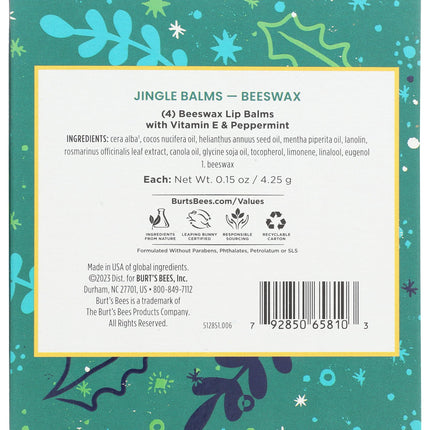 Burts Bees Jingle Balms by Burts Bees for Unisex - 4 Pc 0.15oz Lip Balm - Let Is Now, 0.15oz Lip Balm - Be Jolly, 0.15oz Sip Hot Cocoa, 0.15oz Lip Balm - Believe in Magic