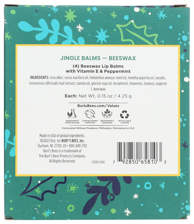 Bálsamos Burts Bees Jingle Balms de Burts Bees unisex - 4 piezas de 0.15 oz cada uno - Let Is Now, 0.15 oz bálsamo labial - Be Jolly, 0.15 oz Sip Hot Cocoa, 0.15 oz bálsamo labial - Believe in Magic