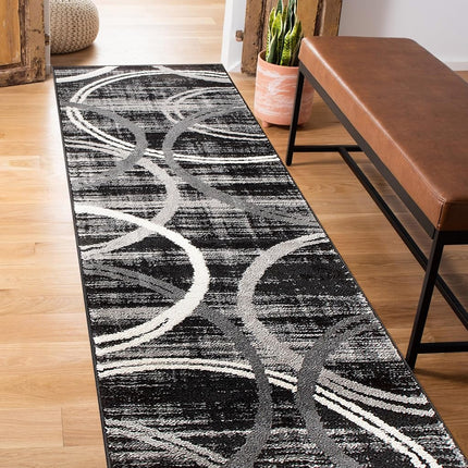 Rugshop Modern Wavy Circles Design Runner Rug, Fade-Resistant Carpet for Hallway, Entryway, or Kitchen, Black, 2' x 10'