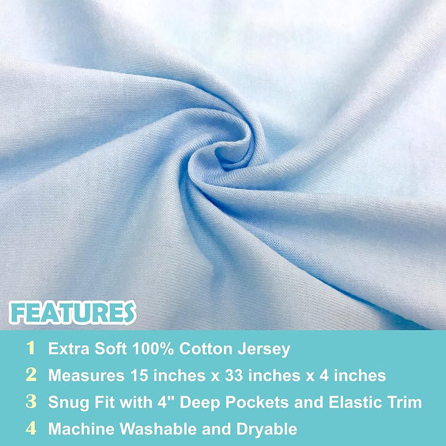 American Baby Company 15" x 33" Fitted Bassinet Sheet, 100% Natural Cotton Jersey Knit, Blue/Gray/White, Soft Breathable, for Boys and Girls, Pack of 3
