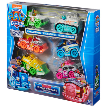 Spin Master PAW Patrol, True Metal Neon Rescue Vehículos de Regalo, paquete de 6 autos de juguete coleccionables de metal fundido a presión, escala 1:55, juguetes para niños y niñas de 3 años en adelante