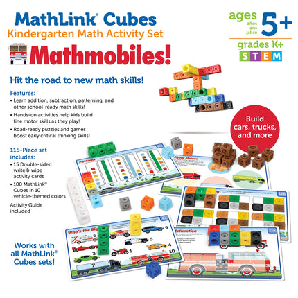 Learning Resources MathLink Cubes Juego de actividades de matemáticas para preescolares: ¡Matemóviles! 115 piezas, a partir de 5 años, actividades STEM para preescolares, juego de actividades y juegos de matemáticas para niños