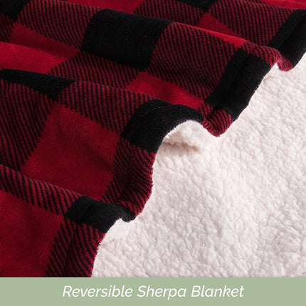 Elegant Comfort Ultra Soft Reversible Buffalo Plaid Flannel Sherpa Blanket - Cozy Silky Checkered Fleece Throw for Couch, Bed - Plush Fuzzy Warm Winter Blanket for Gift, Twin XL, Burgundy