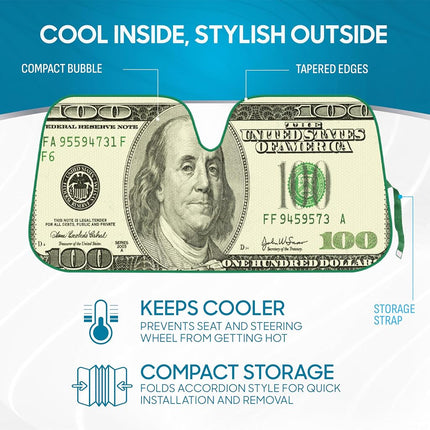 Hundred Dollar Bill Benjamin Franklin Front Windshield Sun Shade - Accordion Folding Auto Sunshade for Car Truck SUV - Blocks UV Rays Sun Visor Protector - Keeps Your Vehicle Cool - 58 x 28 Inch