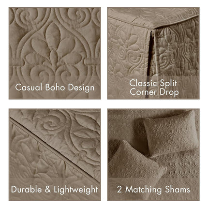 Madison Park Quebec Split Corner Quilted Bedspread Classic Traditional Design All Season, Lightweight, Bedding Set, Matching Shams, King(79" x81+24D), Damask Quilted Khaki 3 Piece