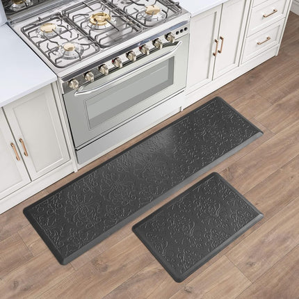 Chef Gear - Anti-Fatigue Wellness Kitchen Mat - Marni Design - Cushioned Comfort Chef Mat - Faux Leather - Cooking & Standing Relief -Skid-Resistant - Set of 2-17.5"x 60"/ 17.5"x28"- Black