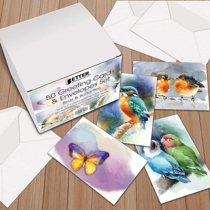 Better Office Products 50-Pack All Occasion Greeting Cards Box Set, 4 x 6 inch, 50 Assorted Blank Note Cards & 50 Envelopes, 6 Butterfly & Birds Designs, Blank Inside, 50 Pack