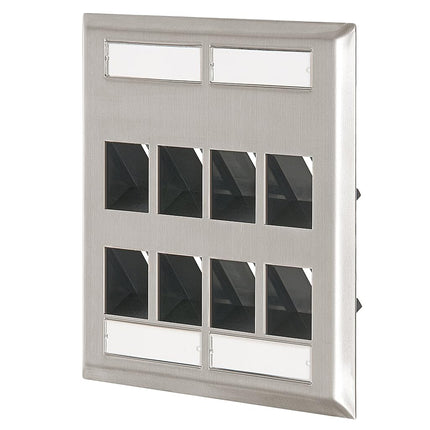 Leviton 43081-2L8 8-Port Angled Stainless Steel QuickPort Dual Gang Wallplate with ID Windows