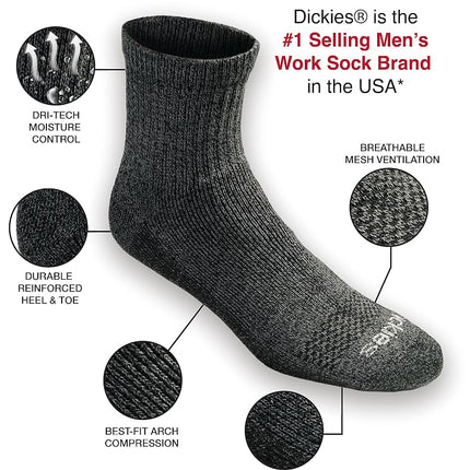 Dickies Men's Dri-tech Moisture Control Quarter Socks Multipack, Grey/Blue/Brown (6 Pairs), Shoe Size: 5-9