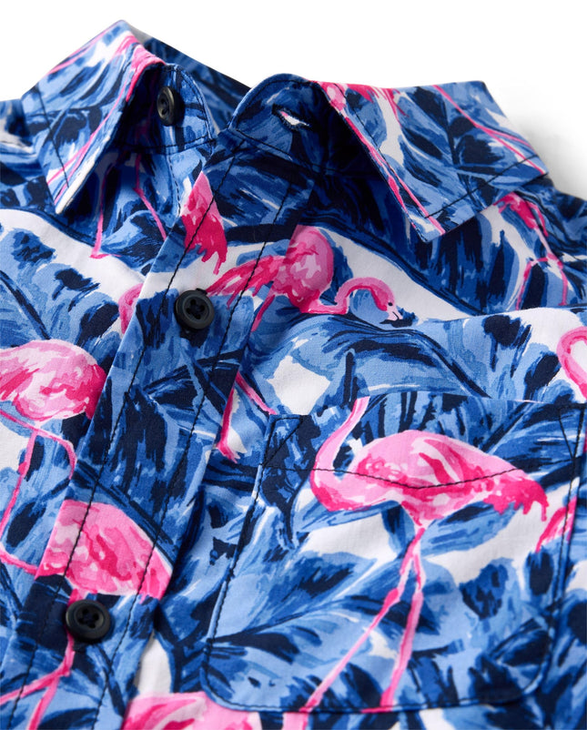 The Children's Place Boys' Short Sleeve Poplin Button Down Shirt, Tidal Flamingo, Small