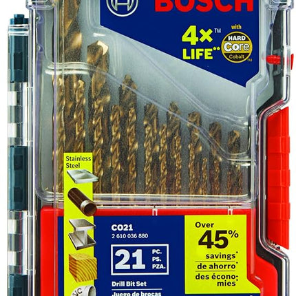 BOSCH CO21 21-Piece Assorted Set with Included Case Cobalt Metal Drill Bit with Three-Flat Shank for Drilling Applications in Stainless Steel, Cast Iron, Titanium, Light-Gauge Metal, Aluminum