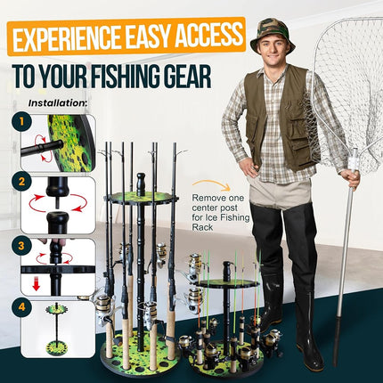 Rush Creek Creations | 16-Rod Round Fishing Rod Holder, Black Wooden Fishing Rod Rack with 16 Clips for Garage Organization