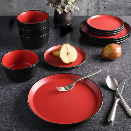 Gibson Soho Lounge Sofia Coupe Stoneware Dinnerware Set, Service for 4 (12pcs), Matte Red