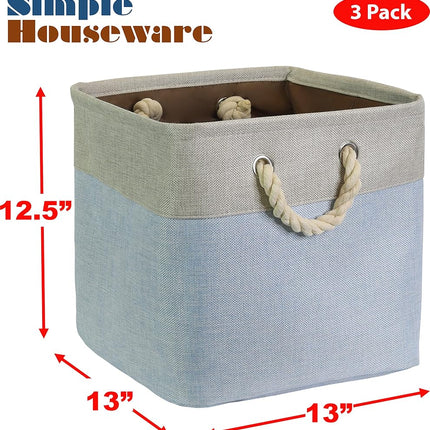 Simple Houseware 33 x 33 cm Fabric Storage Basket Bins with Cotton Handle, 3 Pack, Blue