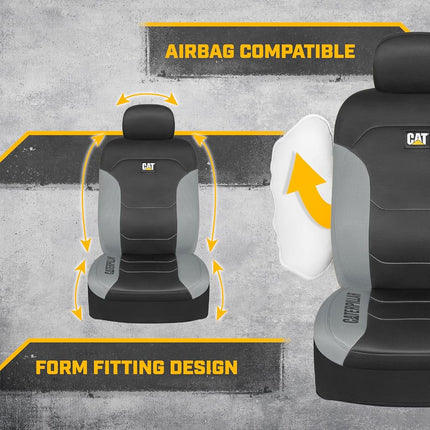 Caterpillar Flexfit Automotive Seat Covers for Cars Trucks and SUVs (Set of 2) – Black Car Seat Covers for Front Seats, Seat Protectors with Gray Honeycomb Trim, Auto Interior Covers