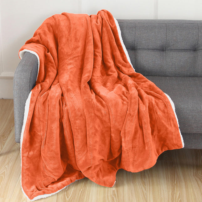 Elegant Comfort Throw Blanket, Reversible Sherpa Flannel, Ultra-Soft, Fuzzy, Cozy and Plush- All Season Lightweight Decorative Throw, 50 x 60 inches, Solid Sherpa Throw, Orange