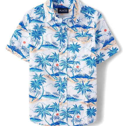 The Children's Place Boys' Short Sleeve Poplin Button Down Shirt, White Palm Tree Print, X-Small