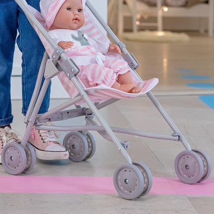 Jc Toys - Umbrella Foldable Pram for Dolls up to 45 cm Ideal for Playing and Walking White and Blue Striped Elephant Decoration Designed by Berenguer, +2 Years Old