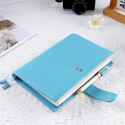 Ox Knight A5 Leather Planner Cover for Hobonichi Cousin, Stalogy, Midori, Leuchtturm1917, and More - with Pen Loop, Card Slots, Back Pocket, and Bookmarks (Light Blue)