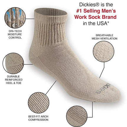 Dickies Men's Big & Tall Dri-tech Moisture Control Quarter Socks Multipack, Essential Worker Khaki (6 Pairs), Shoe Size: 12-15