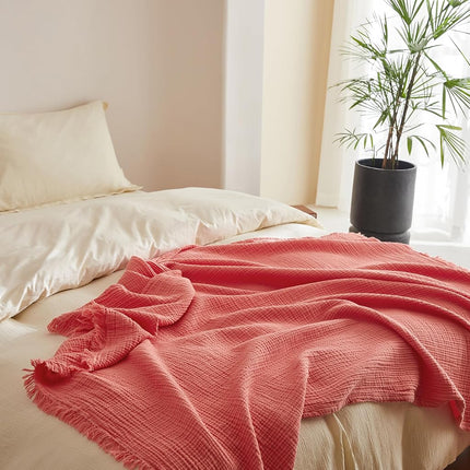 Simple&Opulence Jeté de lit en mousseline de coton 4 couches pour lit et canapé Couverture en gaze tissée avec pompons Douce Légère Confortable Prélavée Respirante Décoration de ferme pour toutes les saisons