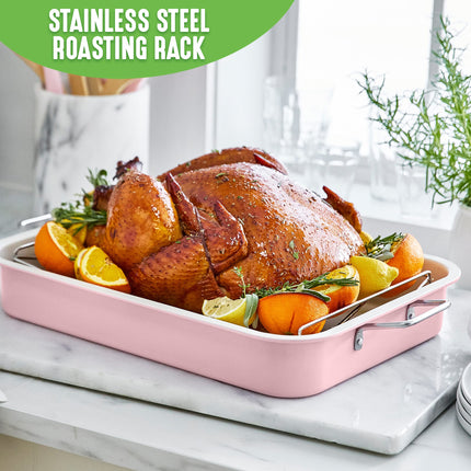 GreenLife Asador de cerámica antiadherente saludable de 16.5" x 12" con rejilla de asador de acero inoxidable, sin PFAS, sin PFOA, apto para lavavajillas, apto para horno, bordes de fácil vertido, rosa suave
