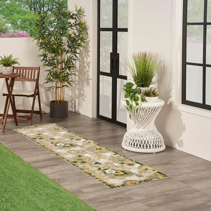 Nourison Aloha Indoor/Outdoor Ivory Green 2'3" x 8' Area Rug, Easy Cleaning, Non-Shedding, Bed Room, Living Room, Dining Room, Backyard, Patio, Deck (2x8)