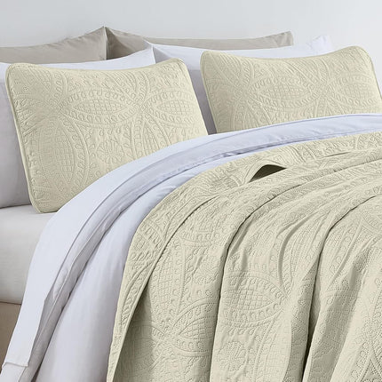 Chezmoi Collection 3 Piece Oversized Bedspread Coverlet Set, Ivory, Queen