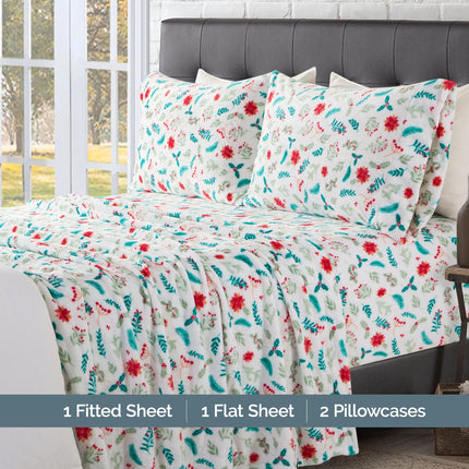 Elegant Comfort Luxuriously Soft 4-Piece Holiday Velvet Plush Flannel Sheet Set - Premium Quality - Cozy Warm, Christmas Fuzzy Velvet Flannel Fleece Deep Pocket Sheet Set - Twin XL, Winter Bloom