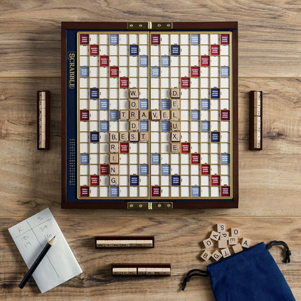 WS Game Company Scrabble Deluxe Travel Edition - Wooden Travel Game for 2-4 Players, Ages 8+