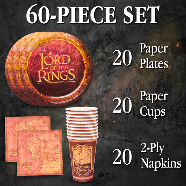 Silver Buffalo Lord of The Rings Map Pony Paper Plates Cups Napkins Party Pack Set, 60 Piece