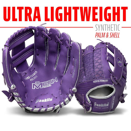 Franklin Sports Teeball Glove and Ball Set - Meshtek Teeball Glove and Foam Baseball - Purple/Silver - 9.5" Right Hand Throw, Purple/Chrome, 22809
