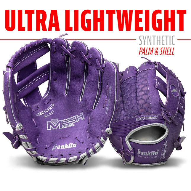 Franklin Sports Ensemble Gant de Teeball et Balle - Gant de Teeball Meshtek et Balle en Mousse - Violet/Argent - 9.5" Lanceur Droitier, Violet/Chrome, 22809