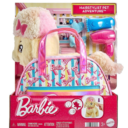 Mattel Barbie Stuffed Animals, Hairdresser Poodle with Themed Purse Playset and 6 Accessories, Plush with Lights and Sounds, Salon Pet Adventure, HPJ43