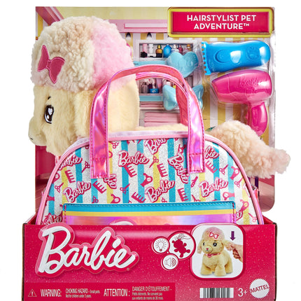 Mattel Barbie Stuffed Animals, Hairdresser Poodle with Themed Purse Playset and 6 Accessories, Plush with Lights and Sounds, Salon Pet Adventure, HPJ43