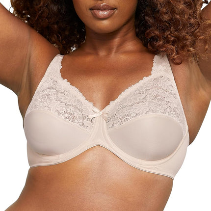 Bali Maidenform Women's Lilyette Minimizer Underwire Lace Trim, Microfiber Full Coverage Bra, Paris Nude, 38D