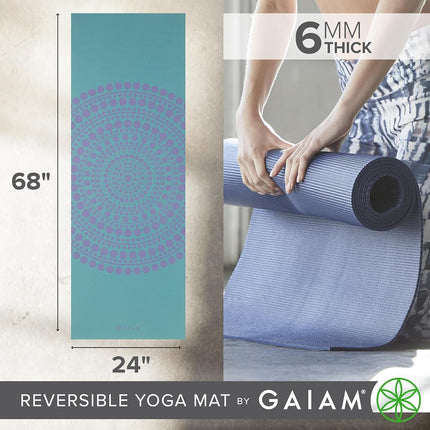 Gaiam Yoga Mat Premium Print Reversible Extra Thick Non-Slip Exercise Fitness Mat for All Types of Yoga, Pilates and Floor Training, Sea Glass, 6mm