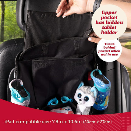 Car Back Seat Organizer with Larger Protection & Storage - 12 Compartments including iPad Holder, Reinforced Corners to Prevent Sag, Eco Friendly Materials - Great Travel Accessory for Kids