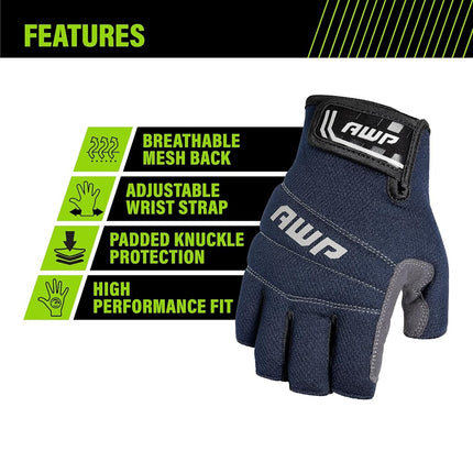 AWP Pro Fingerless Work Gloves for Men And Women, Form-Fitting Performance Design, Large